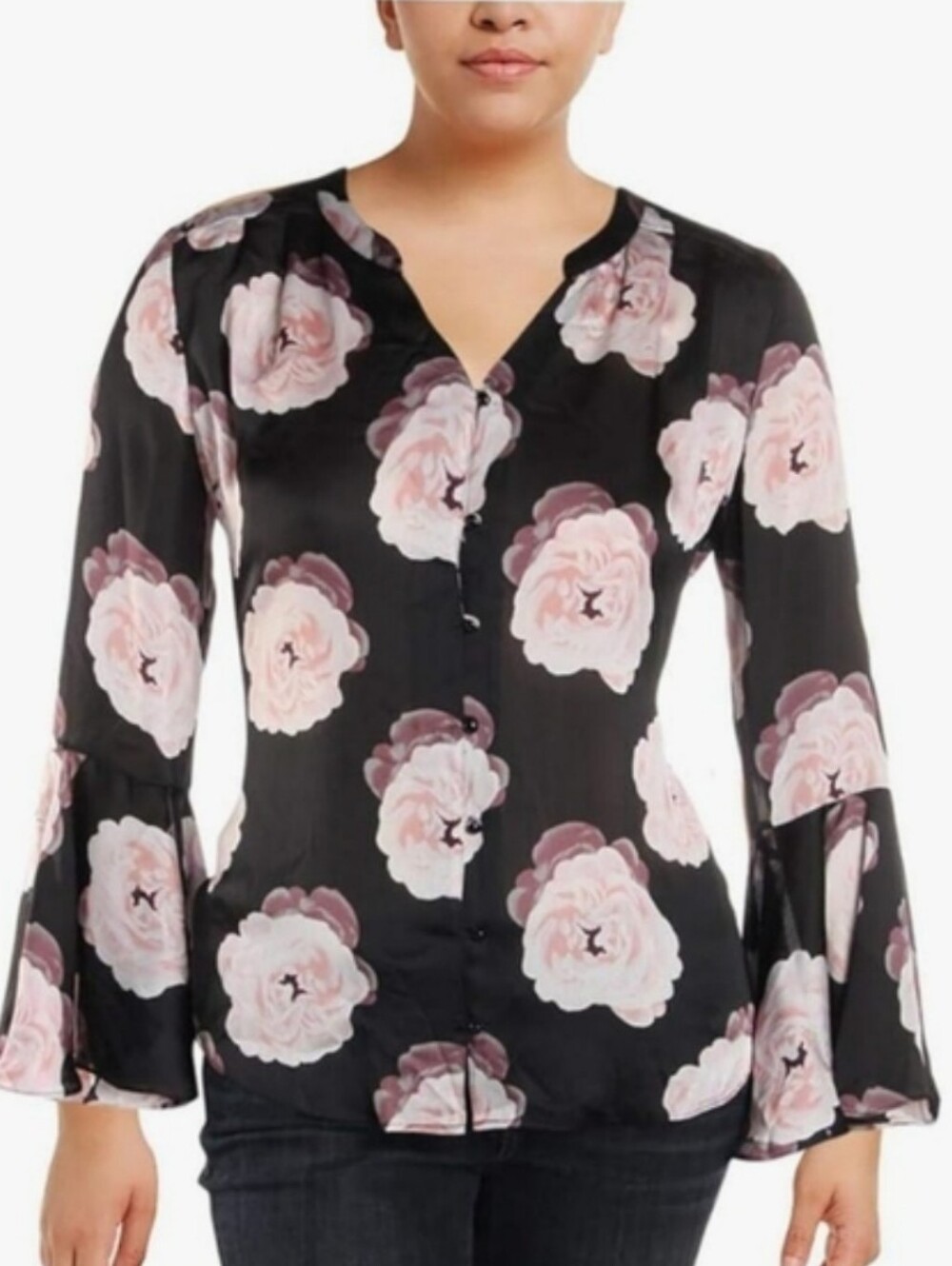 Tahari ASL Womens Crepe Floral Print Button-Down Glam Whimsigoth Boho Chic Edgy